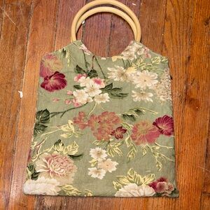 Floral Green and Red Women's Bag with Wooden Handles